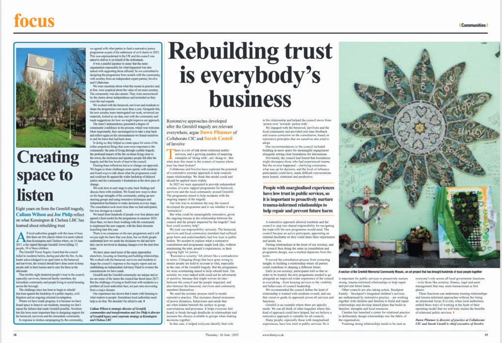 Image of MJ magazine spread, including this article and one from the local authority alongside it. Large Grenfell memorial flower mosaic image on the page.