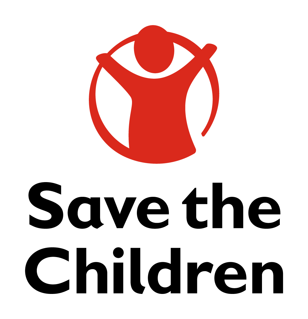 Save the children logo, words written in balck with red drawing of a child with a circle/halo effect round them, child,s arms are held upwards