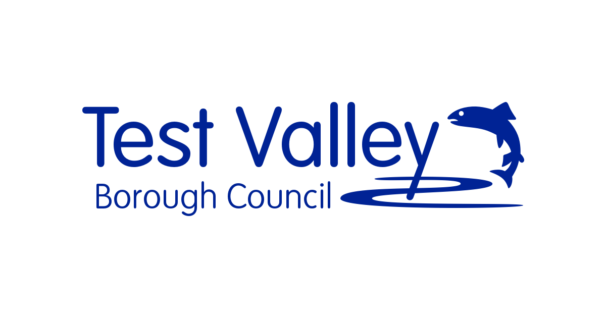 tes valley borough council logo words in writing, with an image of a a fish and a squiggle representing water, all writing and drawn in a mid blue colour.