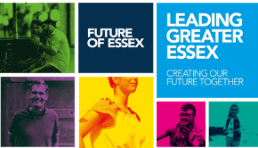 Leading Greater Essex - future of Essex Set of images of different people in tinted yellow, pink, green and purple.