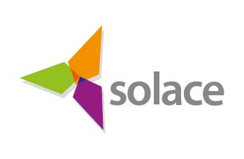 Solace logo, grey letters with green orange and purple petal shapes