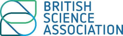British Science Association logo, acronym BSA plus words, in teal blue with a symbol that is made up of thin slabs that combine to make the letters BSA
