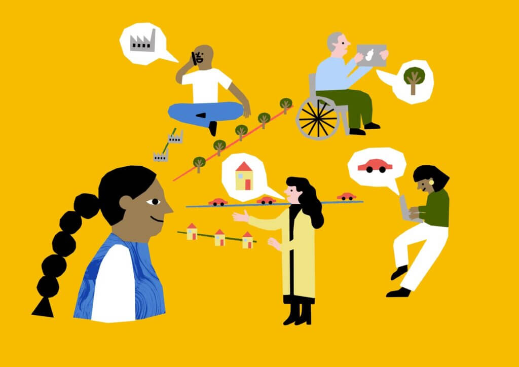 Illustration with yellow background of a woman, surrounded by others (men and women, diverse in background and physical ability), she is talking to to them and topics are illustrated by cars, houses, tress and inducstrial buildings.